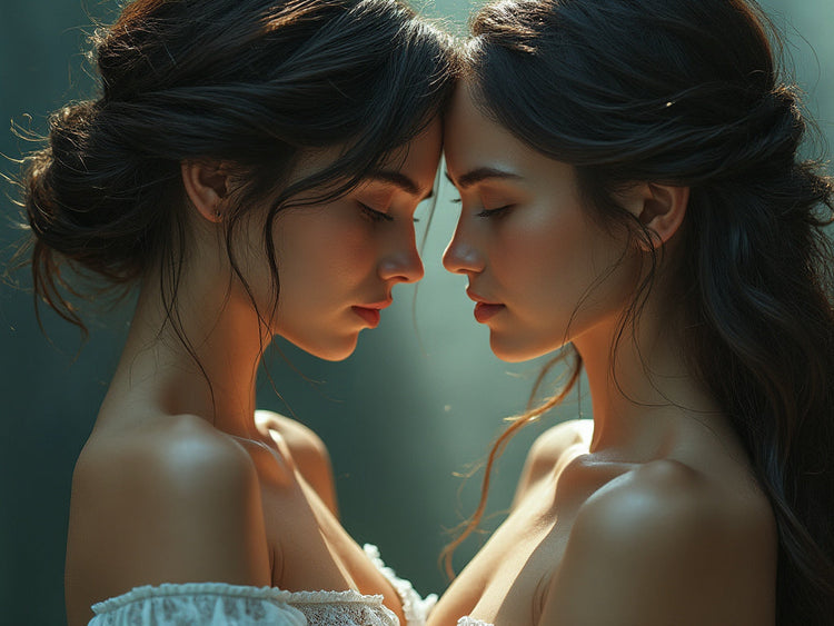 Two beautiful woman standing face to face.