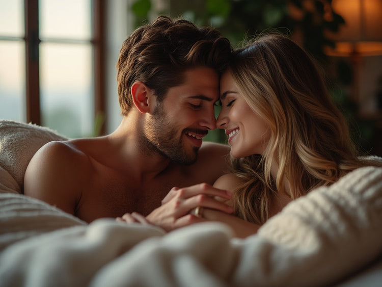 A man and woman caressing in a bed.