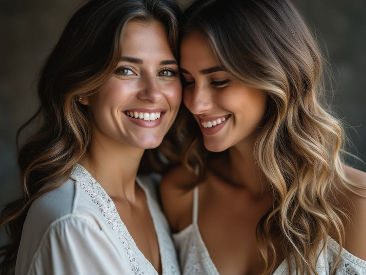 Two woman with brown hair having fun and smiling.