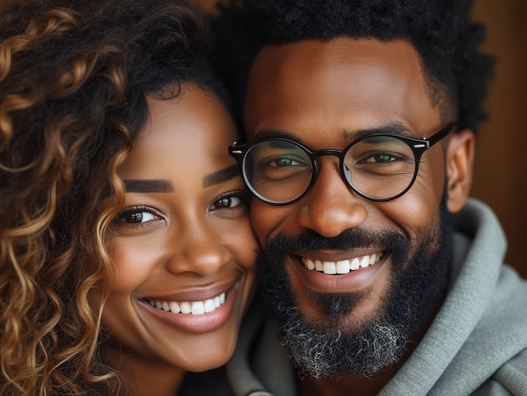 A man and woman standing cheek to cheek smiling.