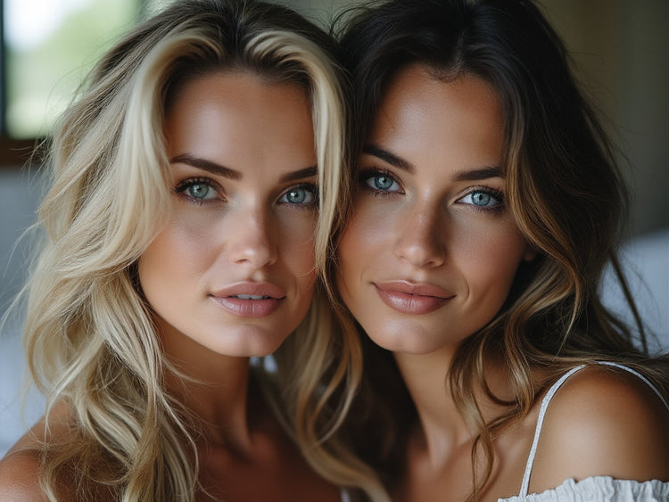 Two beautiful women, one blonde and the other a brunette with blue eyes.