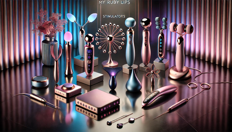 Wide-format image showcasing various personal wellness devices and stimulators in vibrant colors like pink, blue, and purple, arranged artistically with a sleek, modern background and a subtle My Ruby Lips logo in the corner.