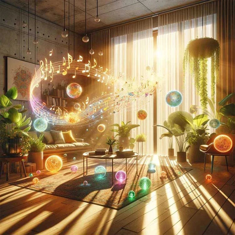 Colorful and vibrant indoor oasis with lush greenery, glowing spheres, and flowing musical notes, creating a serene and enchanting atmosphere.