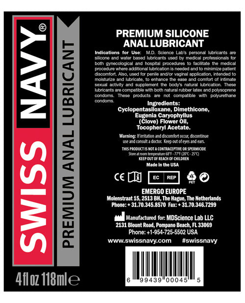 Lubricante anal de silicona Swiss Navy - 4 oz Product Image.