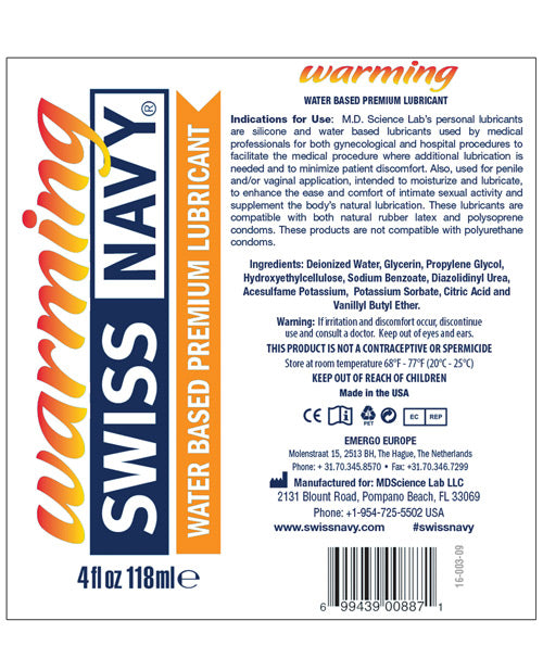Swiss Navy Warming Water-Based Lubricant - 4 oz Product Image.