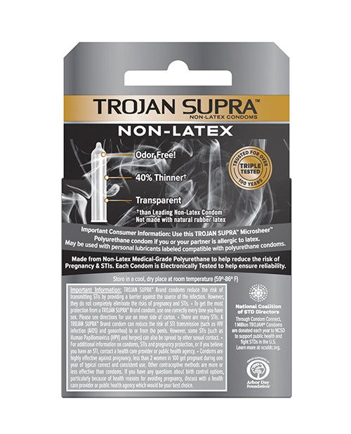 Preservativos Trojan Supra Ultrafinos de Poliuretano: Hipoalergénicos, Ultrafinos, Versátiles Product Image.