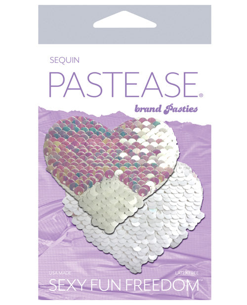 Pastas para pezones con forma de corazón y lentejuelas que cambian de color blanco y perla Product Image.