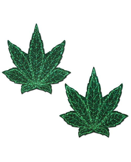 Cubrepezones de hoja de marihuana con purpurina premium - Verde Product Image.