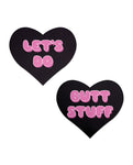 Embrace Playfulness with Pastease Premium Heart Let's Do Butt Stuff Nipple Pasties - Black/Pink O/S