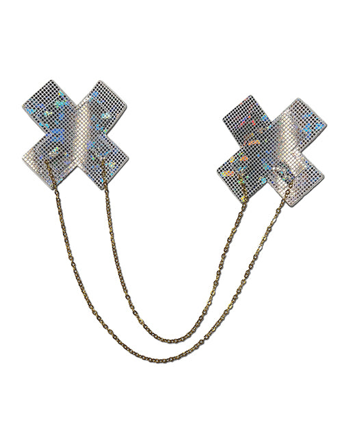 Hand-Crafted White Cross Nipple Pasties with Gold Chains Product Image.