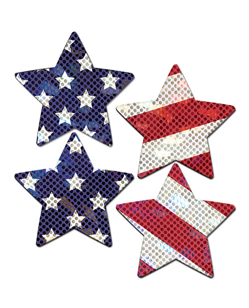 "Handmade Glittering Stars & Stripes Nipple Pasties - Red/White/Blue" Product Image.