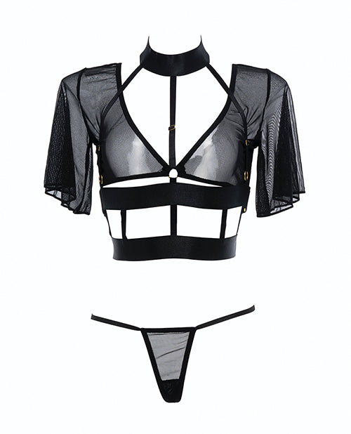 Adore Dreamer Sheer Mesh Strappy Top & Thong Set – Black Elegance Product Image.