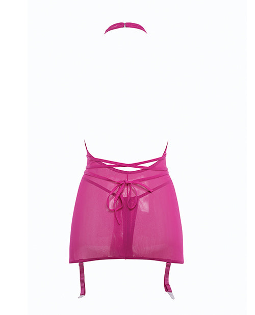 Allure Savannah Hot Pink Sheer Mesh Garter Dress & Thong Set Product Image.