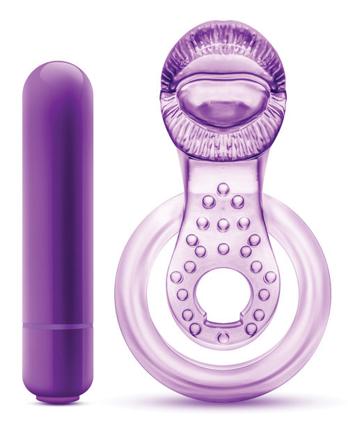 Blush Play with Me Lick it Vibrating Double Strap Cockring - Purple Product Image.