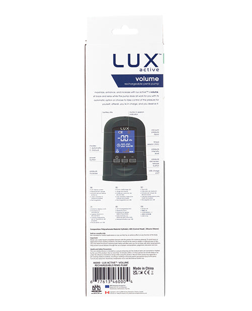 LUX Active Volume Black Automatic Penis Pump Product Image.