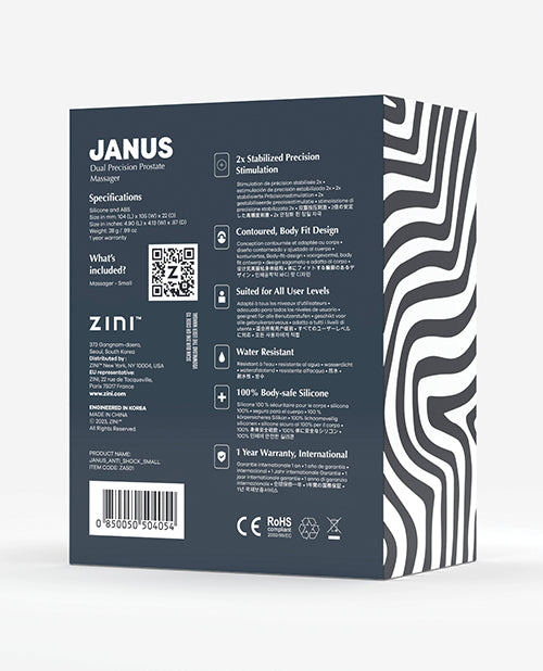 Masajeador de próstata antichoque Zini Janus - Placer sensorial de precisión dual Product Image.