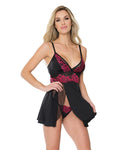 Asymmetrical Skirt with Sheer Panel Babydoll & G-String in Black/Fuchsia