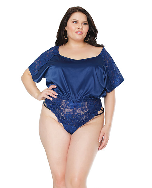 Navy Stretch Satin & Lace Off Shoulder Romper OS/XL Product Image.