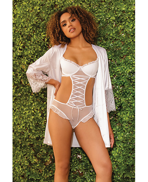 White Stretch Mesh Ruffled Crotchless Teddy Product Image.