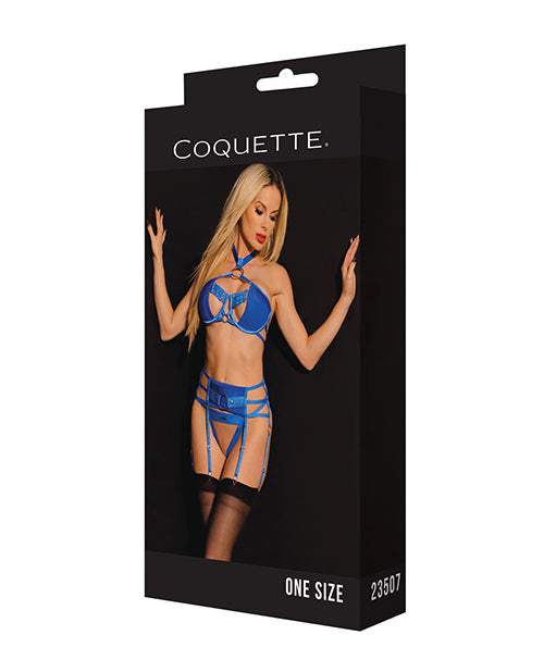 Seductive Blue O/S Black Label Underwire Bra Set with Choker & Garterbelt Product Image.