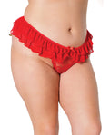 Alluring Holiday Stretch Lace & Mesh Crotchless Panty with Ruffle Jingle Bell Waist in Red OS/XL