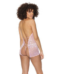 Crystal Pink Halter Crotchless Teddy in Pink/Silver