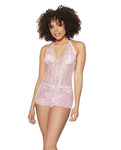 Crystal Pink Halter Crotchless Teddy in Pink/Silver