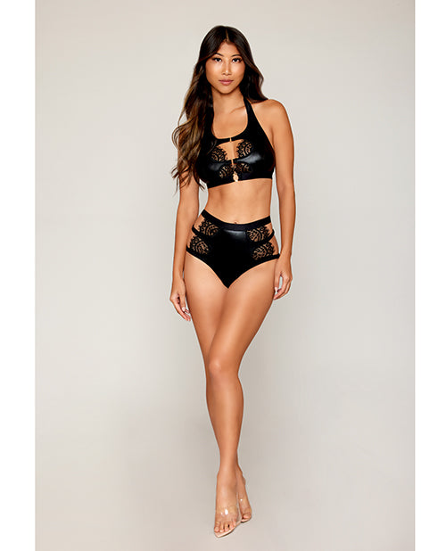 Enchanting Stretch Faux Leather and Eyelash Lace Bralette w/High-Waisted Panty in Black - featured product image.