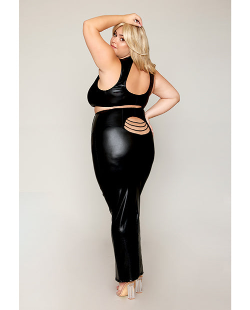Shop for the Stretch Faux Leather Harness Bra & Long Slip Skirt - Black 1X at My Ruby Lips