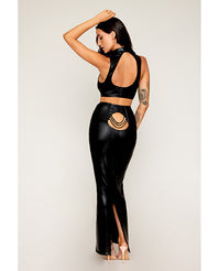 Rebel Chic Stretch Faux Leather Harness Bra & Long Slip Skirt Set in Black centered on a white background - featured product image.