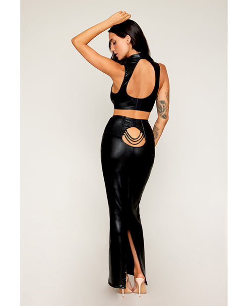 彈性人造皮革吊帶胸罩和長襯裙 - 黑色 Product Image.