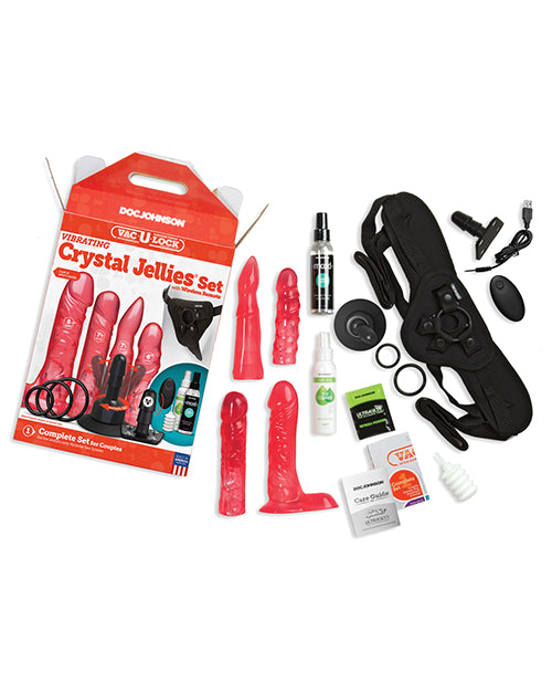 Set de jaleas de cristal vibratorias Vac-U-Lock con control remoto inalámbrico - Kit de placer rosa Product Image.