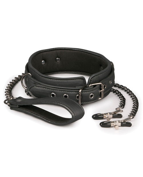 Lujoso collar de piel sintética negro con cadenas para pezones Product Image.