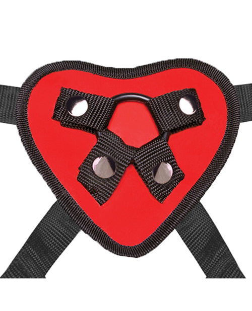 Juego de arnés con correa y consolador de 5 pulgadas con forma de corazón rojo Lux Fetish Product Image.