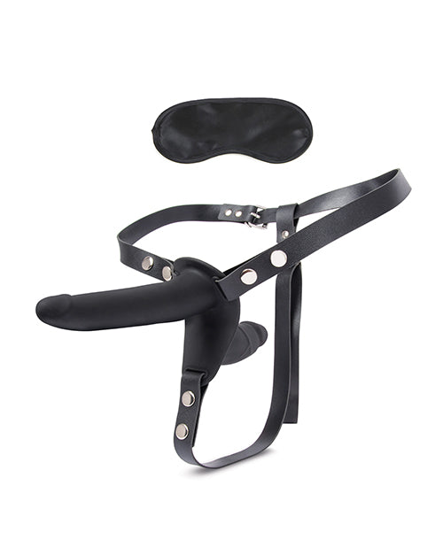 Lux Fetish Strap-On Harness Dildo with Satin Blindfold Product Image.