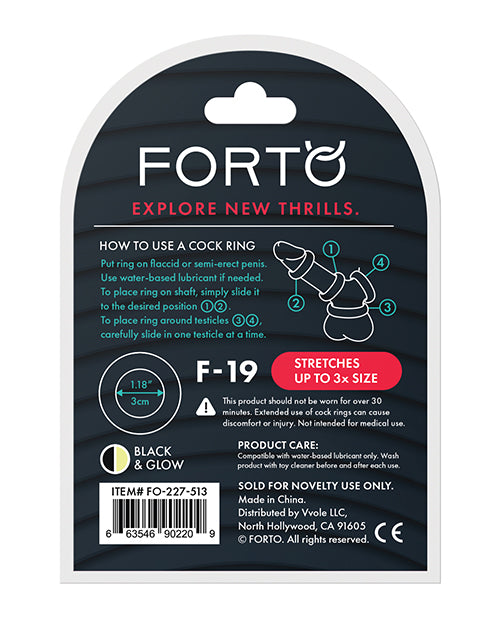 Forto F-19 Two Tone Liquid Silicone Cock Ring - Black/Glow in the Dark Product Image.