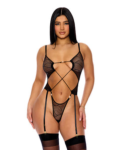 Sultry Nightfall Sheer Mesh Teddy with Garters & Faux Pearl Details - Black