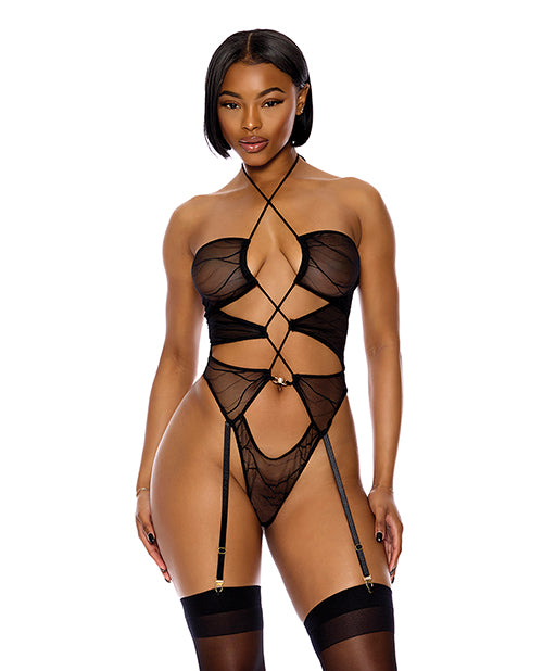 Pull My Strings Sheer Mesh Halterneck Teddy - Black - featured product image.