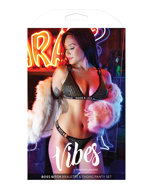 Conjunto de tanga y bralette de punto de canalé metálico de lujo Bitch de Vibes Boss Product Image.