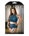 Curve Shay Teal Lace Halter Bra Top & High Waist Crotchless Panty Set