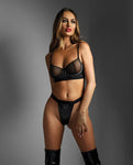 Seductive Edge Quilted Wetlook and Mesh Underwire Bra with Crotchless Panty Set - Black