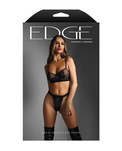 Edge Quilted Wetlook and Mesh Underwire Bra w/ Crotchless Panty - Black