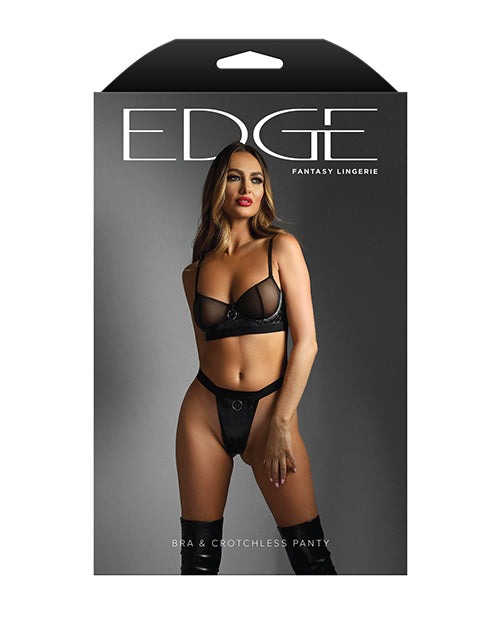 Seductive Edge Quilted Wetlook and Mesh Underwire Bra with Crotchless Panty Set - Black Product Image.