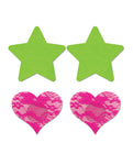 Fantasy UV Reactive Neon Star & Lace Heart Pasties - Enchanting Green & Pink