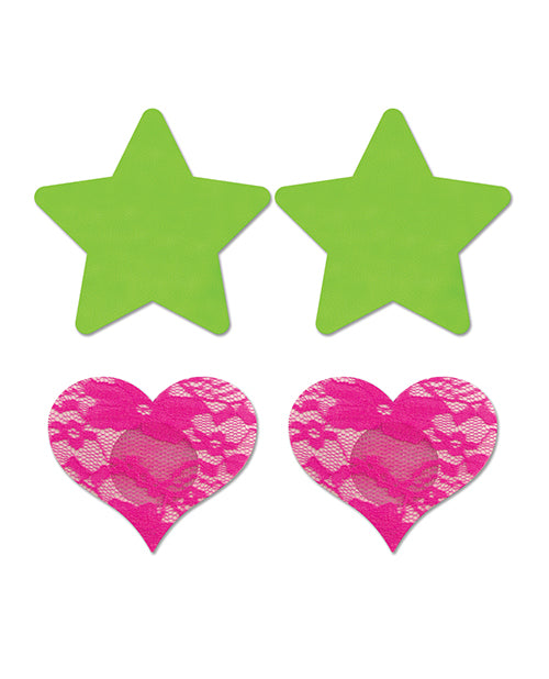 Fantasy UV Reactive Neon Star & Lace Heart Pasties - Enchanting Green & Pink Product Image.