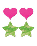 UV Reactive Neon Heart & Lace Star Pasties - Pink & Green - Pack of 2