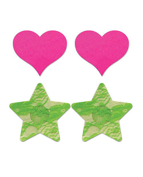 UV Reactive Neon Heart & Lace Star Pasties - Pink & Green - Pack of 2 Product Image.