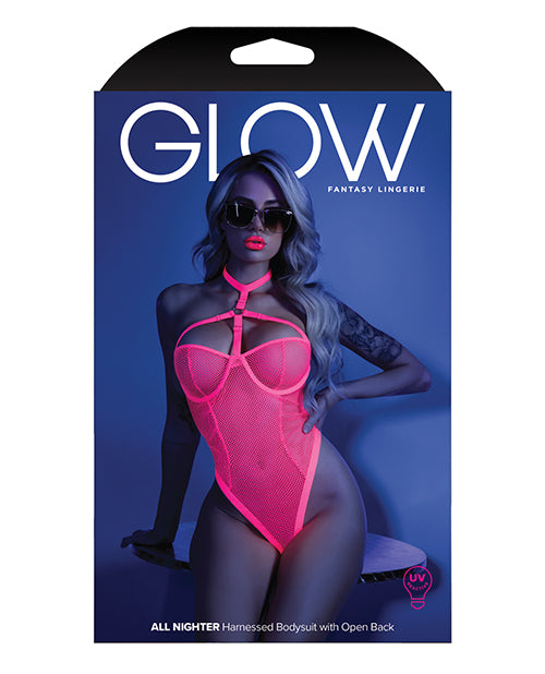 Enchanting Neon Pink Glow Black Light Mesh Body Suit Product Image.