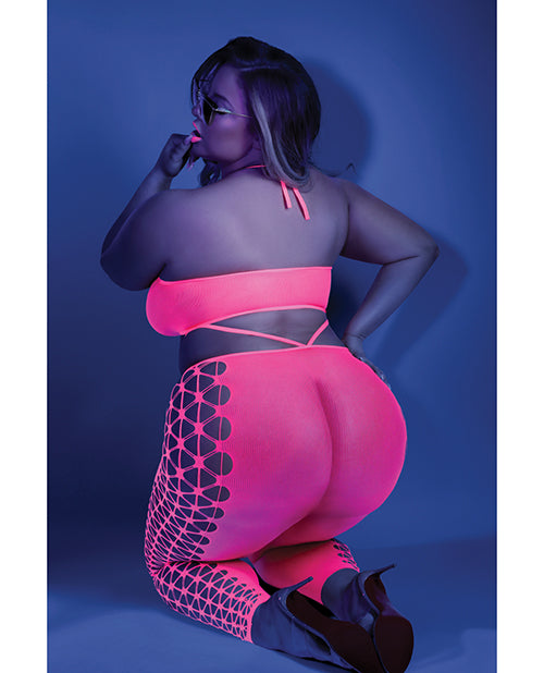 Bodystocking con cuello halter y luz negra brillante, rosa neón Product Image.