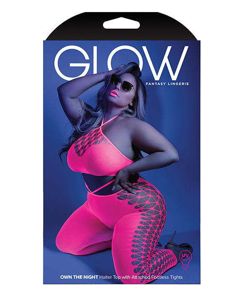 Bodystocking con cuello halter y luz negra brillante, rosa neón Product Image.